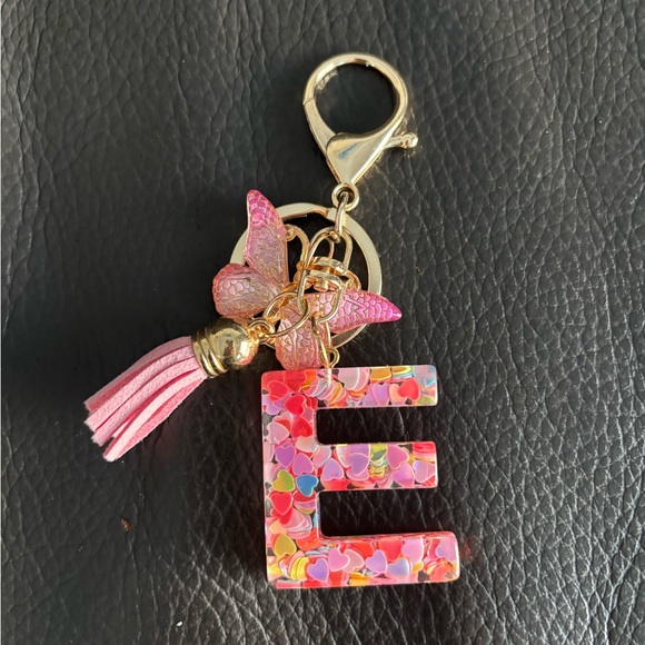 Pink Butterfly Letter E Bag Charm Keychain - Picture 3 of 4